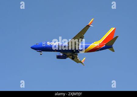 Alexandria, Virginia, USA - 1 May 2024: Boeing 737 Max jet (registration N269WN) operated by budget airline Southwest Airlines in flight Stock Photo