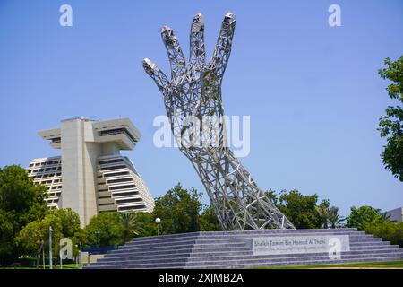 Sculpture for the Sheikh Tamim Bin Hamad Al Thani International Anti-Corruption Excellence Award at a park close to Sheraton Hotel on Doha's corniche Stock Photo