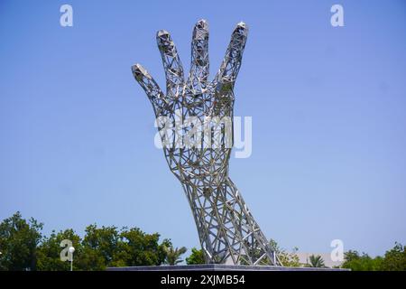 Sculpture for the Sheikh Tamim Bin Hamad Al Thani International Anti-Corruption Excellence Award at a park close to Sheraton Hotel on Doha's corniche Stock Photo