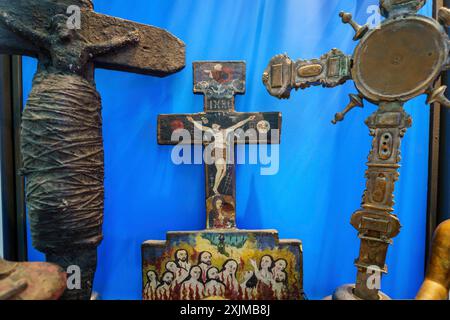 Altar cross with purgatory, polychrome wood, XVII century, Peru, Sa Bassa Blanca Museum (msbb) Yannick Vu and Ben Jakober, Alcudia, Majorca, Spain Stock Photo