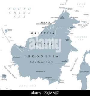 Borneo, divided among Malaysia, Brunei and Indonesia, gray political map. Third-largest island in the world, and one of the Greater Sunda Islands. Stock Photo