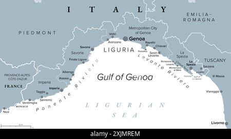 Liguria and the Italian Riviera, or Ligurian Riviera, gray political map. Region of north-western Italy, with capital Genoa. Narrow coastal strip. Stock Photo