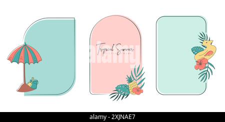 Set of hand drawn line art frames with tropical summer elements Stock Vector