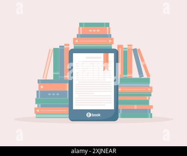 E-book reader surrounded by stacks of books, flat vector illustration Stock Vector