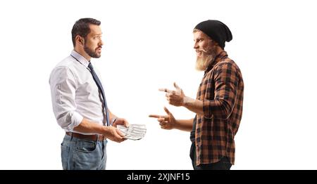 Businessman borrowing money to a bearded young man isolated on white background Stock Photo