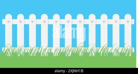 Fence with grass. Wooden picket background isolated farm garden barier illustration. Stock Vector