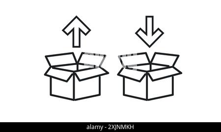 Boxes Icon Set. Set of boxes black and white illustrations with arrows Stock Vector