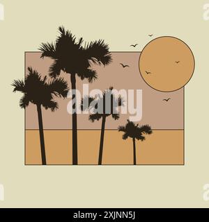 Sunset with the palms tree on beige background. Minimalist Miami beach landscape. Aesthetic 2d vector artwork. Modern minimal linear badge, emblem for Stock Vector
