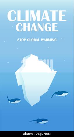 Climate change, floating iceberg banner template. Global warming vertical banner template. North Pole, melting glaciers flat illustration with text. C Stock Vector