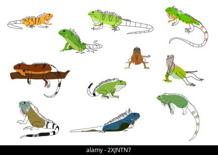 A vector illustration of Cute Iguana Pet Icons Stock Vector