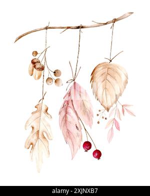 Decorative fall leaves, berries and acorns on a twig on a white background. Watercolor illustration in bright colors. The drawing is drawn by hand. Su Stock Photo