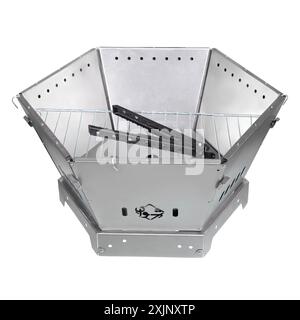Modern hexagonal metal fire pit. Stock Photo