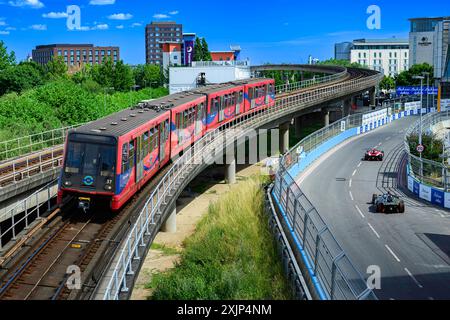 LONDON, UNITED KINGDOM. 19 Jul, 24. A view from Prince Regent DLR station on Day 1 Shakedown during ABB FIA Formula E 2024 Hankook London E-Prix at The ExCeL on Friday, July 19, 2024 in LONDON, ENGLAND. Credit: Taka G Wu/Alamy Live News Stock Photo