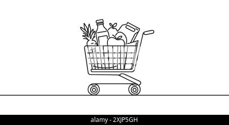 One continuous line drawing grocery cart. Shopping in hypermarket concept Stock Vector