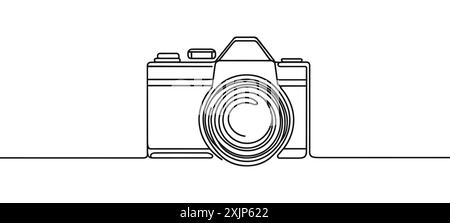 Line drawing photo camera. Single draw photo icon, line art photography camera outline, continuous monoline drawing. Stock Vector