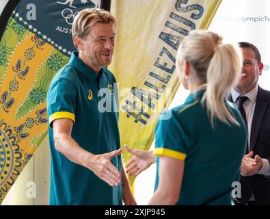 Coach Of the Australian Olympic team for Paris 2024 Tony Gustavsson shakes hands with selected team members. Picture:Thomas Lisson Stock Photo