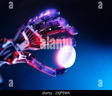 A robotic hand, with red and silver metallic components, holds a  fragile egg. The hand is illuminated by red and blue lights, while the background is Stock Photo