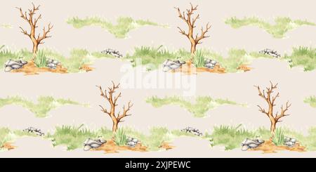 Natural landscape element pattern watercolor illustration. Wildlife forest scene with green grass, dry tree and stones. To create compositions on the Stock Photo