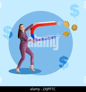 Businesswoman pulling coins with magnet on light blue background. Creative collage Stock Photo