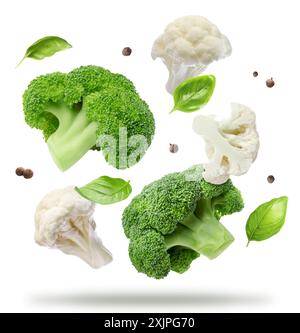 Broccoli, cauliflower, basil and allspice in air on white background Stock Photo
