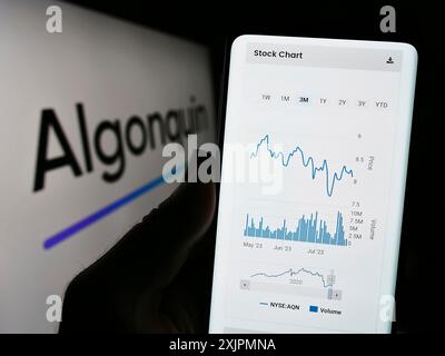 Stuttgart, Germany, 07-28-2023: Person holding cellphone with website of Canadian company Algonquin Power Utilities Corp. on screen with logo. Focus Stock Photo