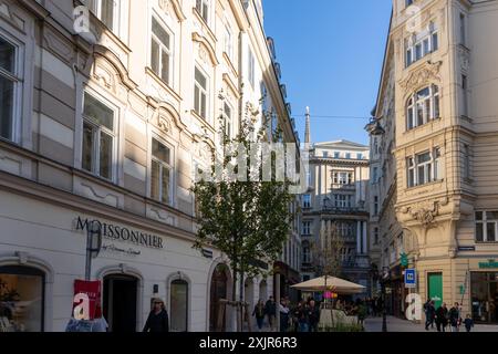 Wien, Austria - October 28, 2023 : A narrow street in Wien, Austria, lined with ornate buildings. A small tree grows between the structures, and peopl Stock Photo