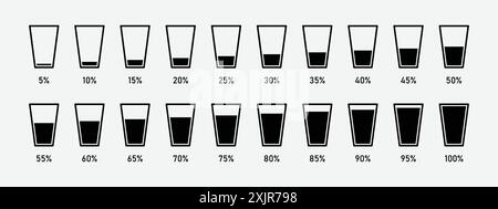 Water glass icon set in black color. Glasses filled with water to percentage. It can be used to show the water fill level in dams and lakes. Stock Vector