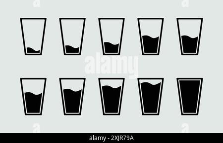 Water glass icon set in black color. Glass water level. Glass of water flat icon set. Black color, outline and fill. Vector illustration. Stock Vector