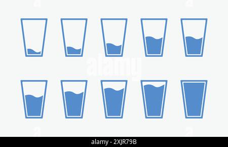 Water glass icon set in blue color. Glass water level. Glass of water flat icon set. Blue color, outline and fill. Vector illustration. Stock Vector