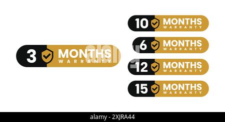 Minimalist and elegant Vector warranty shield with checklist label icon set. Black and gold. number of months 3, 6, 10, 12, 15. vector eps Stock Vector