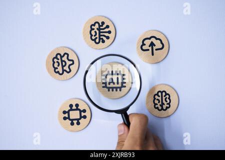 Exploring the Future with Artificial Intelligence: A Wood Cube Brain Machine Concept for Business Innovation in Science. Stock Photo