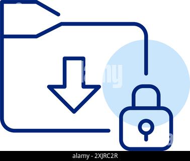 File folder, downwards arrow and lock. Encrypted file storage and exchange. Pixel perfect, editable stroke vector ico Stock Vector