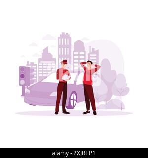 Police with a man. Policeman registering a traffic violation against a background of a highway, cars, buildings, and a red light. Trend modern vector Stock Vector