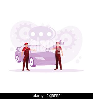 Two mechanics and a car. Arguing about the car problem, one of them brought the key. Trend Modern vector flat illustration. Stock Vector