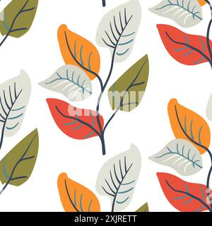Seamless pattern. Simple Plant. Simple branch of bright autumn leaves. White background. Decorative ornament in Scandinavian style. Hand drown. Flat vector illustration Stock Vector