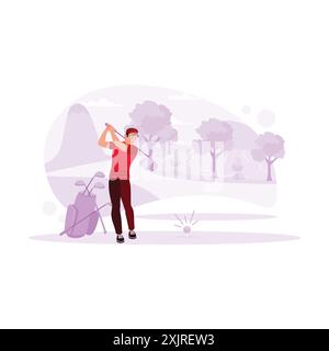 Golf course surrounded by shady trees, professional golfer, trying to make a shot with a golf club in hand. Trend Modern vector flat illustration. Stock Vector