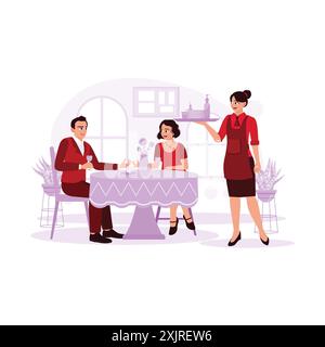 Female servers wearing aprons serve food to a couple of customers in a restaurant. Romantic dinner, restaurant. Trend Modern vector flat illustration. Stock Vector