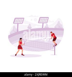 Two tennis players are playing professionally on a tennis court with shady trees and lights. Trend Modern vector flat illustration. Stock Vector