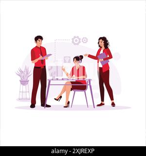 The business team consists of one man and two women discussing and exchanging ideas. in an office complete with a desk, computer, and flowers. Each ca Stock Vector