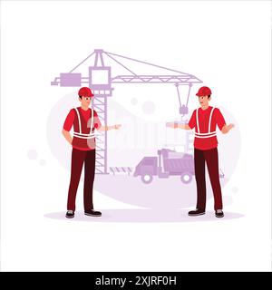 Two architects are standing before a modern construction area, discussing the project. Trend modern vector flat illustration. Stock Vector