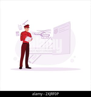 Policeman in full uniform, writing traffic seriously. Trend modern vector flat illustration. Stock Vector