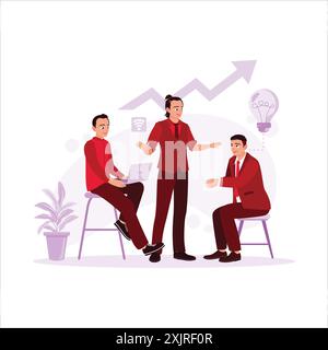 Three men were discussing business seriously. Two of them sat down and opened laptops, and one of them stood up and explained seriously. Background wi Stock Vector