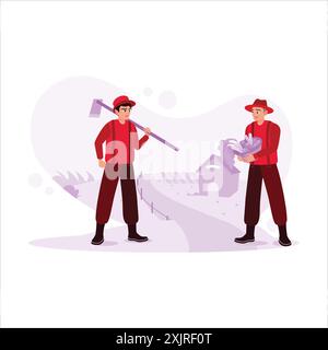 In a garden, two young farmers, one carrying fresh vegetables and one carrying a hoe. Trend modern vector flat illustration. Stock Vector
