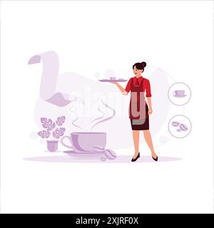 Young female waitress, delivering a cup of hot coffee, using a tray, walking confidently, and smiling kindly. trend modern vector flat illustration. Stock Vector