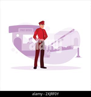 Security guards behaved perfectly in front of the entrance and guard post, ready to maintain security. Trend modern vector flat illustration. Stock Vector