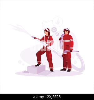 Two firefighters in full uniform conduct firefighter training. And one of the officers uses a fire extinguisher to put out fires in an emergency. Tren Stock Vector