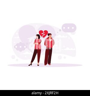 Angry couple. Not looking at each other and marked by a broken heart. Man thinks about problems in a relationship. Trend modern vector flat illustrati Stock Vector