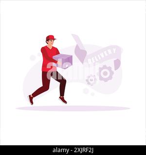 Package delivery, carrying boxes filled with packages, delivering packages with enthusiasm, and providing good service. Trend modern vector flat illus Stock Vector