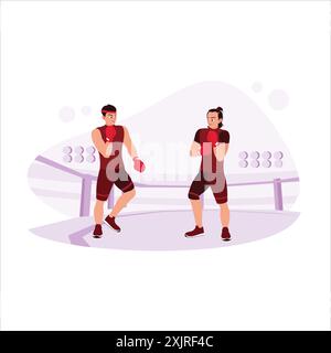 Two professional boxers, boxing duel in the ring, with power and attack. Trend modern vector flat illustration. Stock Vector