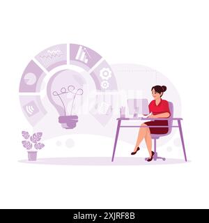 The excited young female employee working in an office, using computers, thinking of new ideas, analyzing data, and collecting statistical data to imp Stock Vector
